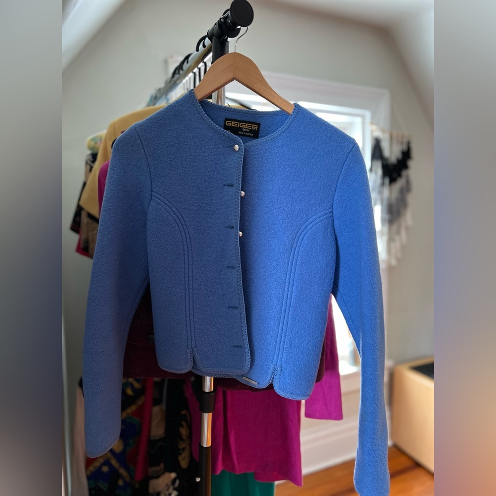 Geiger Tyrol blue sweater w/ silver buttons. Size 38. Perfect condition!